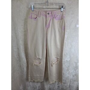 Fate Womens Distressed Straight Leg Jeans Cream Purple Acid Wash Size 5 FP4763